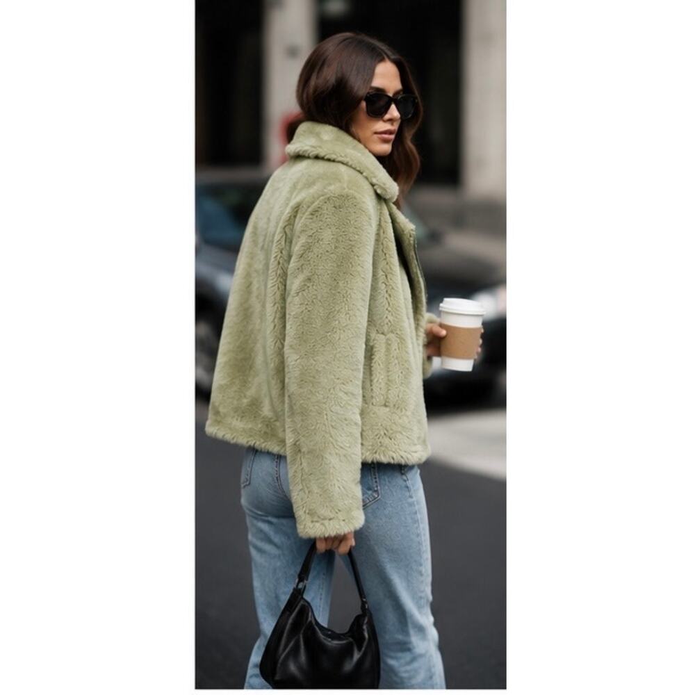 Sage Green Teddy Faux Fur Moto Jacket NWT French Designer Paul & Joe Sister US4 - Picture 3 of 10